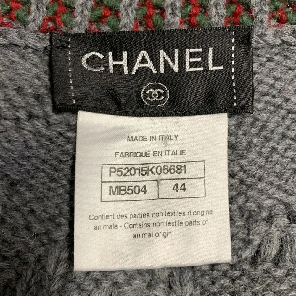 CHANEL Grey Multi Color Wool Cable Knit Bobble Leather Trim Jacket
